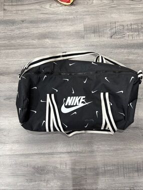 Nike Black and White Duffel Bag with All-Over Mini Swoosh